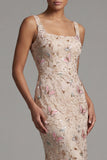 Green Sheath Square Neck Midi Mother Of the Bride Dress with Sequins