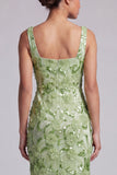 Green Sheath Square Neck Midi Mother Of the Bride Dress with Sequins