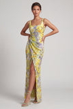 Yellow Floral Mermaid Ruched Long Mother Of the Bride Dress with Slit
