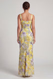 Yellow Floral Mermaid Ruched Long Mother Of the Bride Dress with Slit