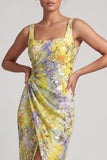 Yellow Floral Mermaid Ruched Long Mother Of the Bride Dress with Slit