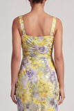 Yellow Floral Mermaid Ruched Long Mother Of the Bride Dress with Slit
