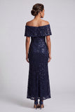 Sparkly Olive Off the Shoulder Mermaid Midi Mother Of the Bride Dress with Sequins