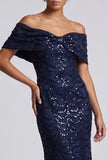 Sparkly Olive Off the Shoulder Mermaid Midi Mother Of the Bride Dress with Sequins