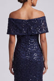 Sparkly Olive Off the Shoulder Mermaid Midi Mother Of the Bride Dress with Sequins