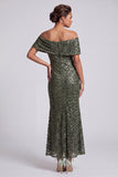 Sparkly Olive Off the Shoulder Mermaid Midi Mother Of the Bride Dress with Sequins