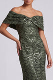 Sparkly Olive Off the Shoulder Mermaid Midi Mother Of the Bride Dress with Sequins