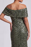 Sparkly Olive Off the Shoulder Mermaid Midi Mother Of the Bride Dress with Sequins