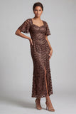 Sparkly Olive Mermaid Short Sleeves Sequins Midi Mother Of the Bride Dress with Slit