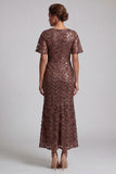 Sparkly Olive Mermaid Short Sleeves Sequins Midi Mother Of the Bride Dress with Slit
