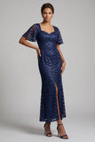 Sparkly Olive Mermaid Short Sleeves Sequins Midi Mother Of the Bride Dress with Slit