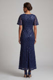 Sparkly Olive Mermaid Short Sleeves Sequins Midi Mother Of the Bride Dress with Slit
