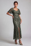 Sparkly Olive Mermaid Short Sleeves Sequins Midi Mother Of the Bride Dress with Slit
