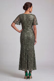 Sparkly Olive Mermaid Short Sleeves Sequins Midi Mother Of the Bride Dress with Slit