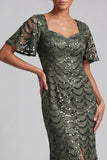 Sparkly Olive Mermaid Short Sleeves Sequins Midi Mother Of the Bride Dress with Slit
