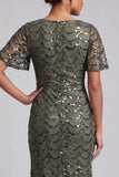 Sparkly Olive Mermaid Short Sleeves Sequins Midi Mother Of the Bride Dress with Slit