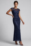 Sparkly Navy Mermaid Boat Neck Midi Mother Of the Bride Dress with Sequins