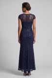 Sparkly Navy Mermaid Boat Neck Midi Mother Of the Bride Dress with Sequins