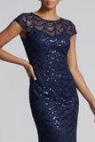 Sparkly Navy Mermaid Boat Neck Midi Mother Of the Bride Dress with Sequins
