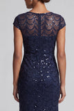 Sparkly Navy Mermaid Boat Neck Midi Mother Of the Bride Dress with Sequins