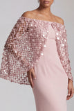 Off the Shoulder Blush Mermaid Midi Sequin Mother Of the Bride Dress with Slit