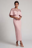 Burgundy Mermaid Round Neck Midi Elegant Mother Of the Bride Dress with Cape