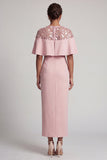 Burgundy Mermaid Round Neck Midi Elegant Mother Of the Bride Dress with Cape