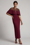 Burgundy Mermaid Round Neck Midi Elegant Mother Of the Bride Dress with Cape