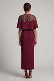 Burgundy Mermaid Round Neck Midi Elegant Mother Of the Bride Dress with Cape