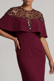 Burgundy Mermaid Round Neck Midi Elegant Mother Of the Bride Dress with Cape