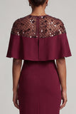 Burgundy Mermaid Round Neck Midi Elegant Mother Of the Bride Dress with Cape