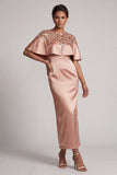 Burgundy Mermaid Round Neck Midi Elegant Mother Of the Bride Dress with Cape