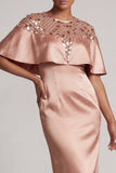 Burgundy Mermaid Round Neck Midi Elegant Mother Of the Bride Dress with Cape