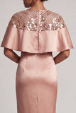 Burgundy Mermaid Round Neck Midi Elegant Mother Of the Bride Dress with Cape