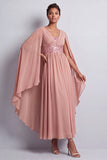 Dusty Rose A-Line Chiffon V-Neck Long Mother Of the Bride Dress with Cape Sleeves