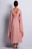 Dusty Rose A-Line Chiffon V-Neck Long Mother Of the Bride Dress with Cape Sleeves