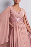 Dusty Rose A-Line Chiffon V-Neck Long Mother Of the Bride Dress with Cape Sleeves