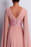 Dusty Rose A-Line Chiffon V-Neck Long Mother Of the Bride Dress with Cape Sleeves