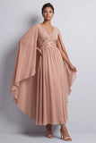 Dusty Rose A-Line Chiffon V-Neck Long Mother Of the Bride Dress with Cape Sleeves