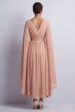 Dusty Rose A-Line Chiffon V-Neck Long Mother Of the Bride Dress with Cape Sleeves