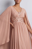Dusty Rose A-Line Chiffon V-Neck Long Mother Of the Bride Dress with Cape Sleeves