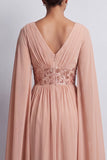 Dusty Rose A-Line Chiffon V-Neck Long Mother Of the Bride Dress with Cape Sleeves