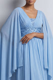 Dusty Rose A-Line Chiffon V-Neck Long Mother Of the Bride Dress with Cape Sleeves