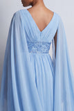 Dusty Rose A-Line Chiffon V-Neck Long Mother Of the Bride Dress with Cape Sleeves
