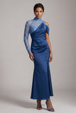 Champagne Mermaid High Neck Ruched Mother Of the Bride Dress with Slit