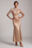 Champagne Mermaid High Neck Ruched Mother Of the Bride Dress with Slit