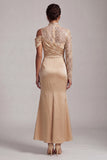 Champagne Mermaid High Neck Ruched Mother Of the Bride Dress with Slit