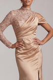 Champagne Mermaid High Neck Ruched Mother Of the Bride Dress with Slit
