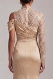 Champagne Mermaid High Neck Ruched Mother Of the Bride Dress with Slit