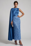 Blue Sheath Sequins Long Mother Of the Bride Dress with Side Cape